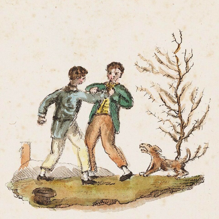 An engraved illustration of two boys fighting.